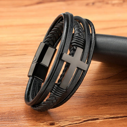 The Cross Strand — 316L Steel & Genuine Leather Bracelet