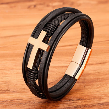 The Cross Strand — 316L Steel & Genuine Leather Bracelet