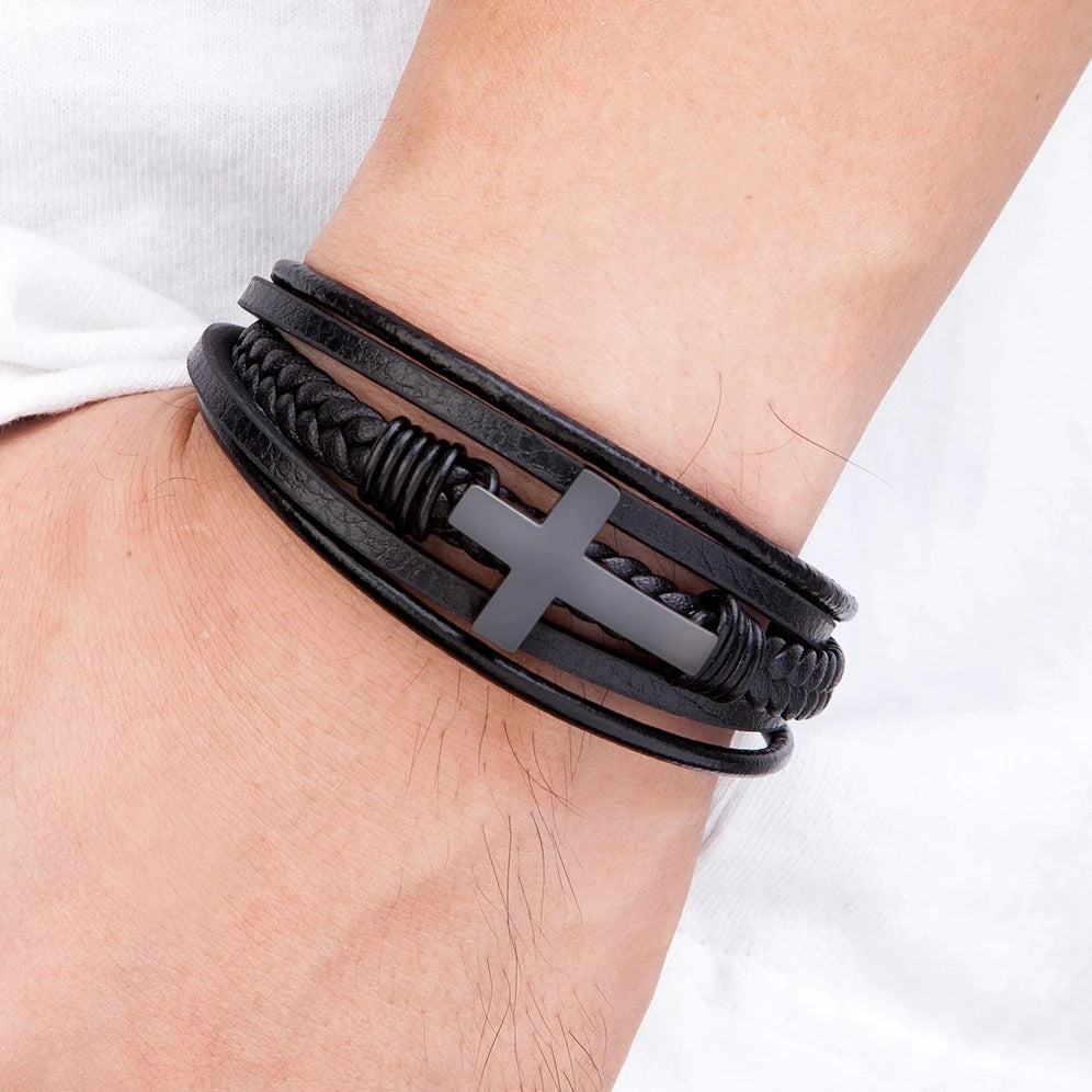 The Cross Strand — 316L Steel & Genuine Leather Bracelet