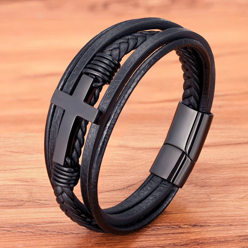 The Cross Strand — 316L Steel & Genuine Leather Bracelet