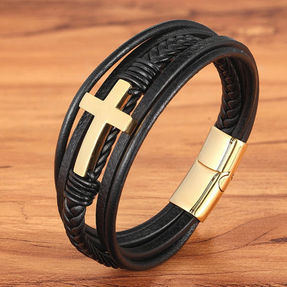 The Cross Strand — 316L Steel & Genuine Leather Bracelet