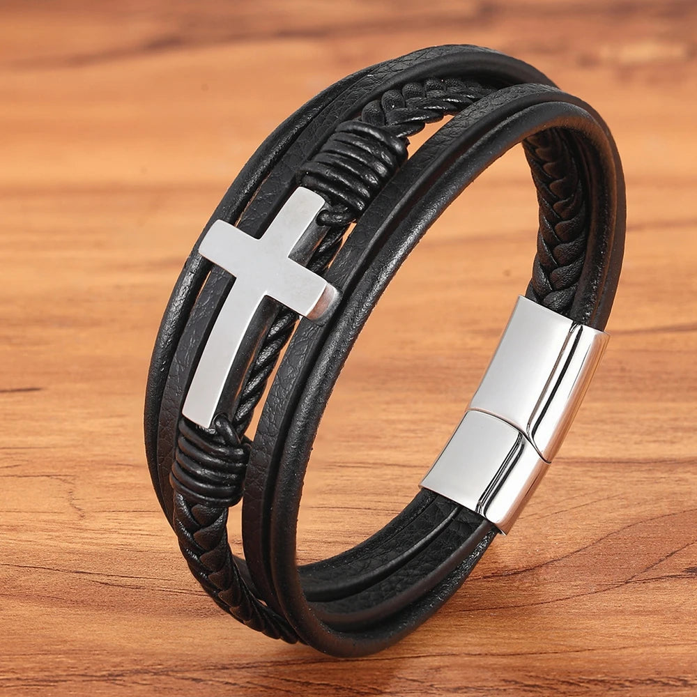 The Cross Strand — 316L Steel & Genuine Leather Bracelet