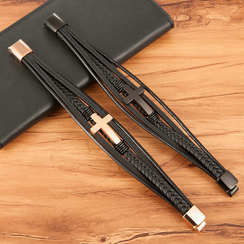 The Cross Strand — 316L Steel & Genuine Leather Bracelet