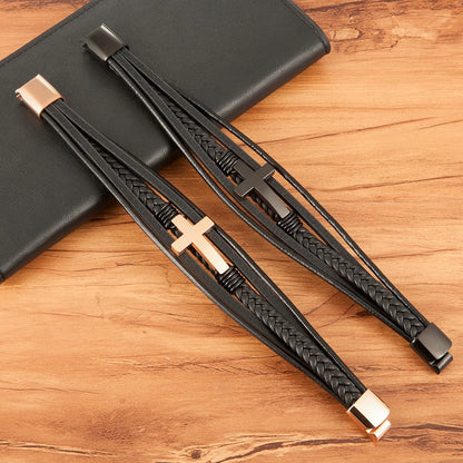 The Cross Strand — 316L Steel & Genuine Leather Bracelet