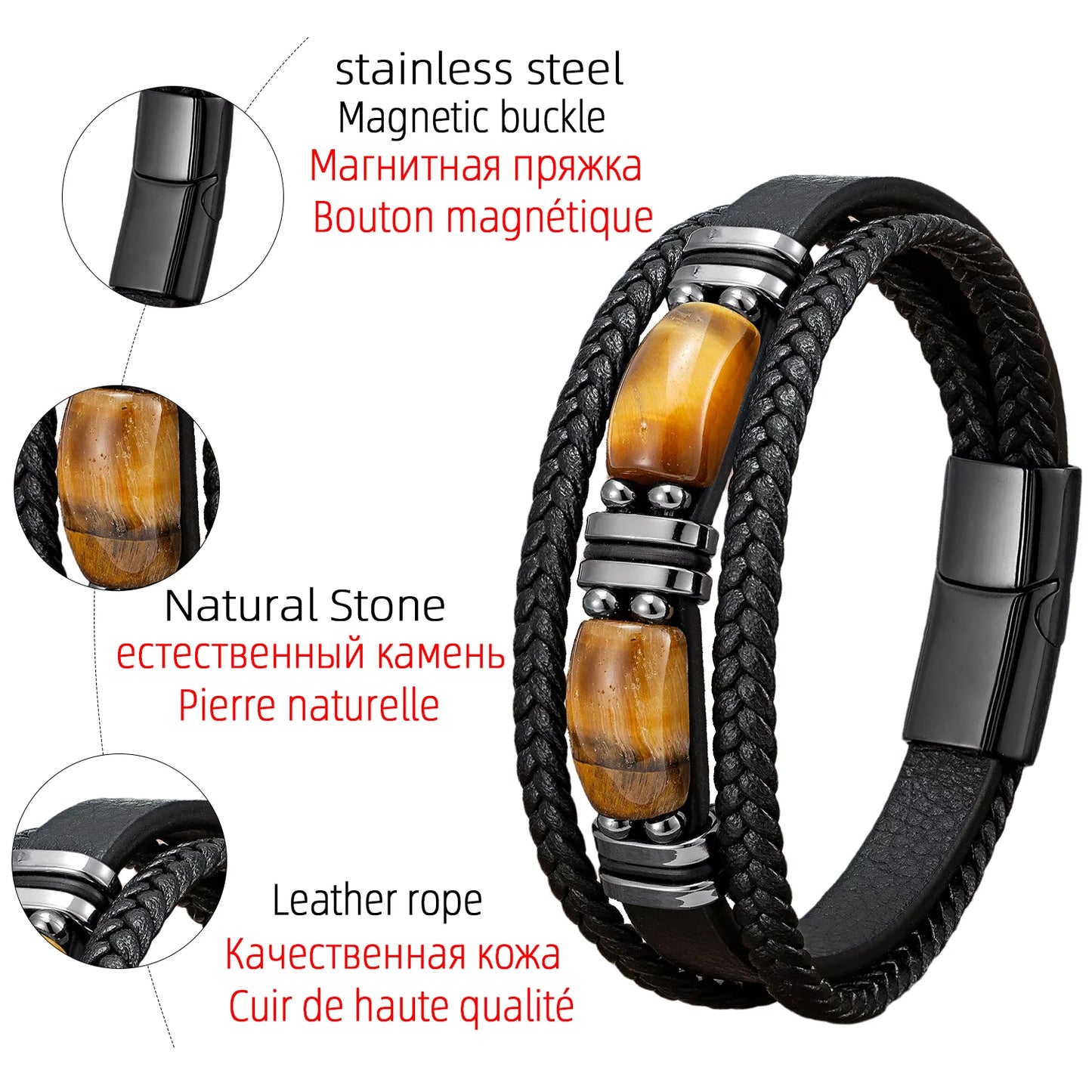 The Tiger's Eye Bracelet — Genuine Leather & Natural Stone